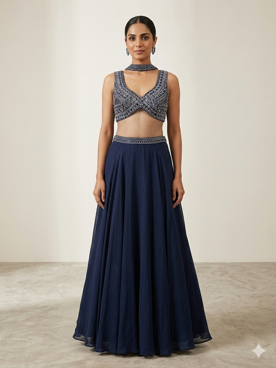 Midnight Blue Embellished Clouse and Pallazo Set