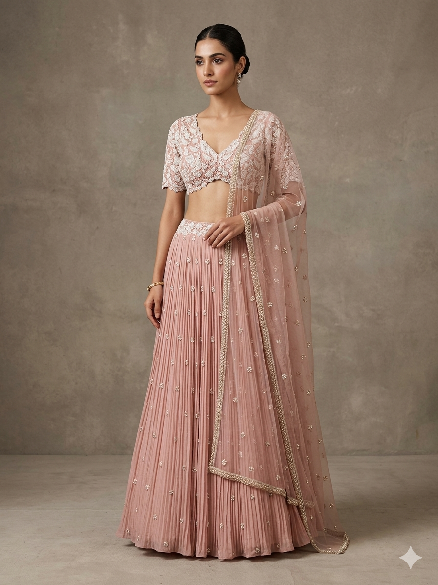 Peach Embroidered Lehenga Set