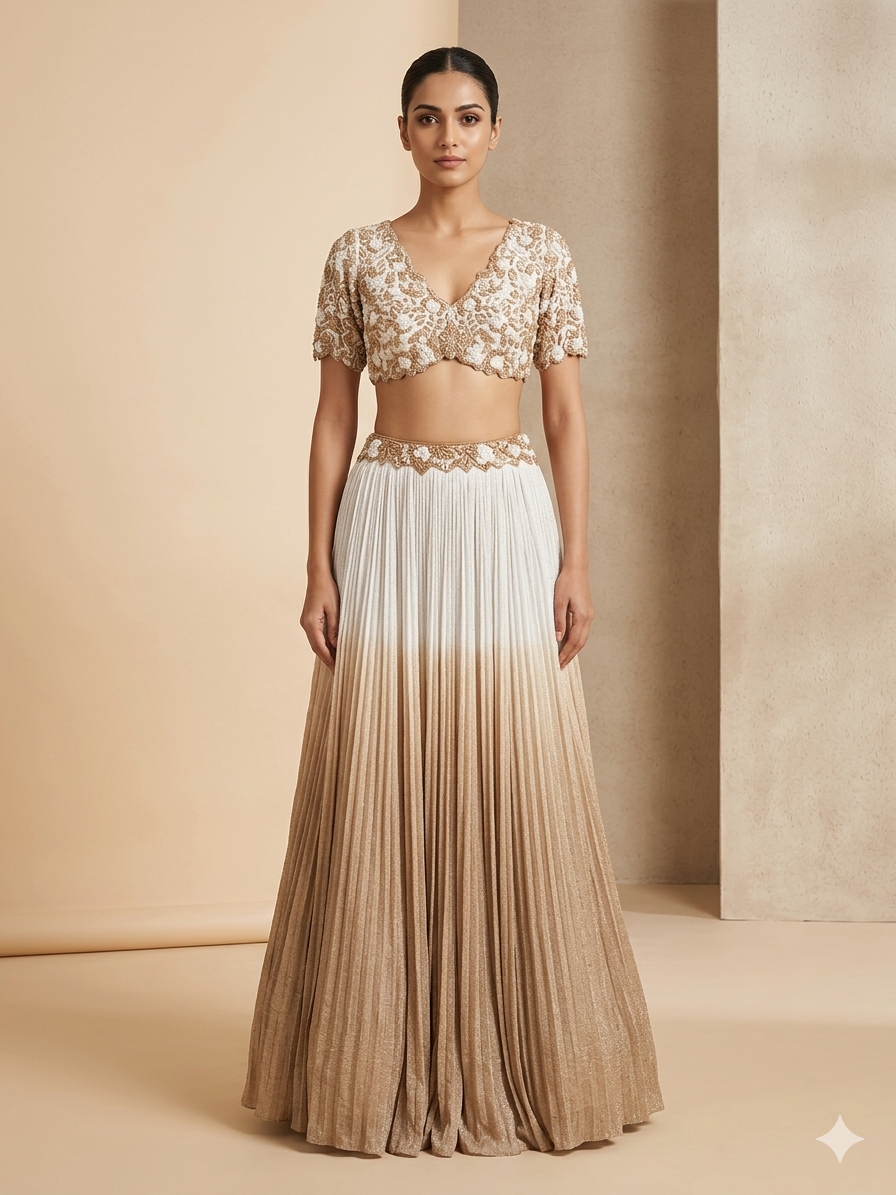 Gold and Ivory heavy embellished Lehenga Set.