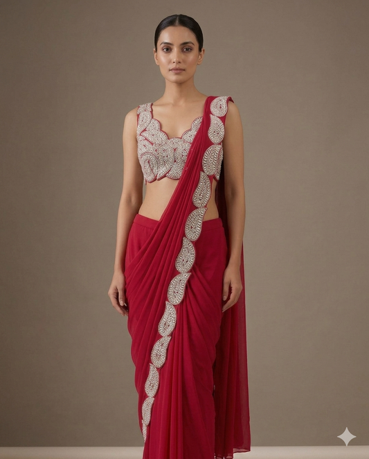Red Paisley Scalloped Draped Saree