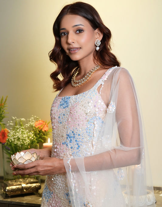 Beige abstract sequin work sharara set - View 2