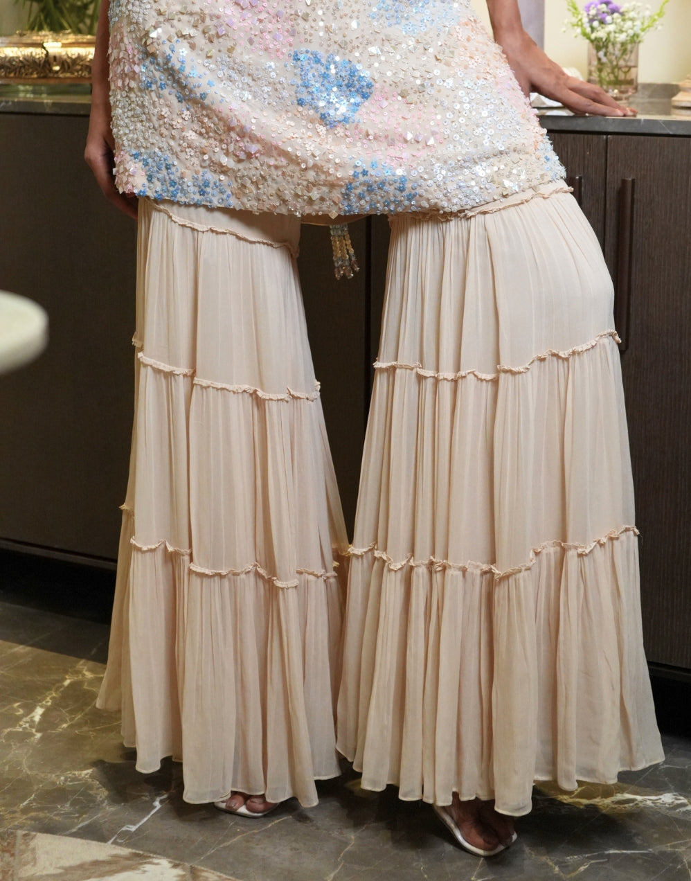 Beige abstract sequin work sharara set - View 4