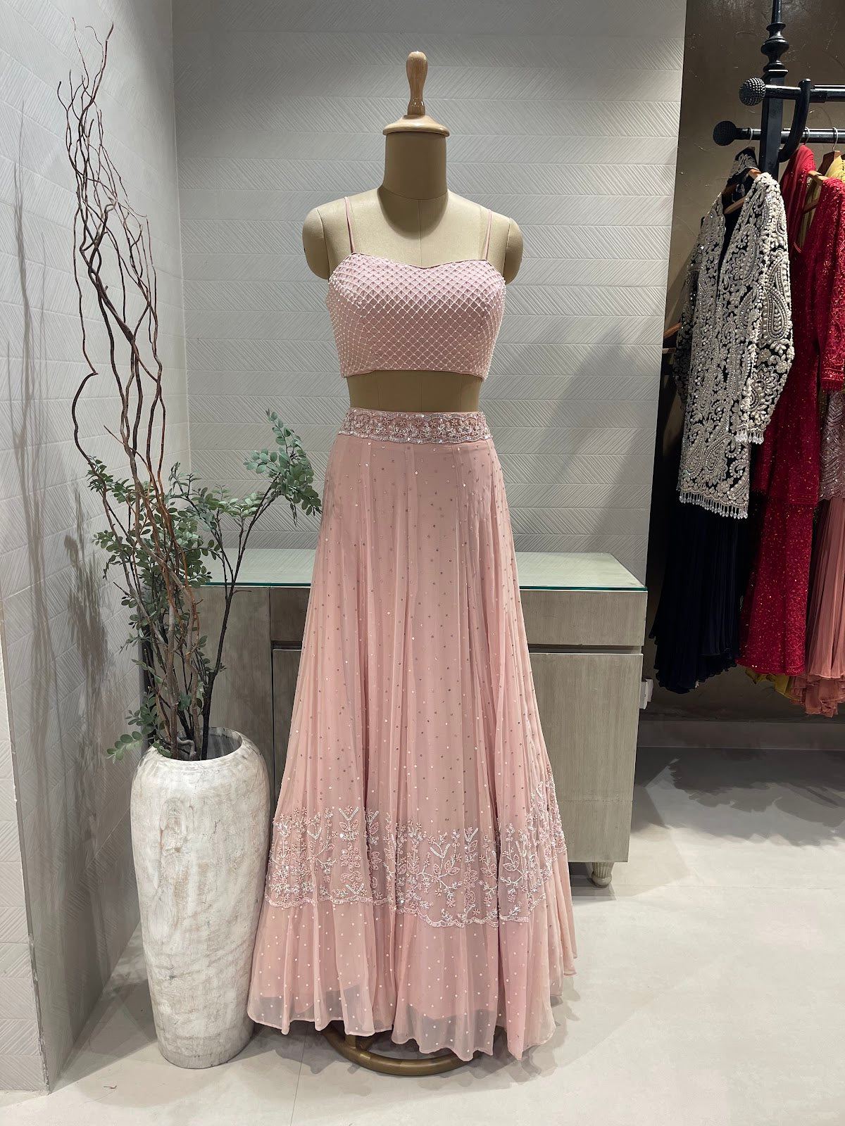 Pink pearl Crop Jacket Lehenga Set