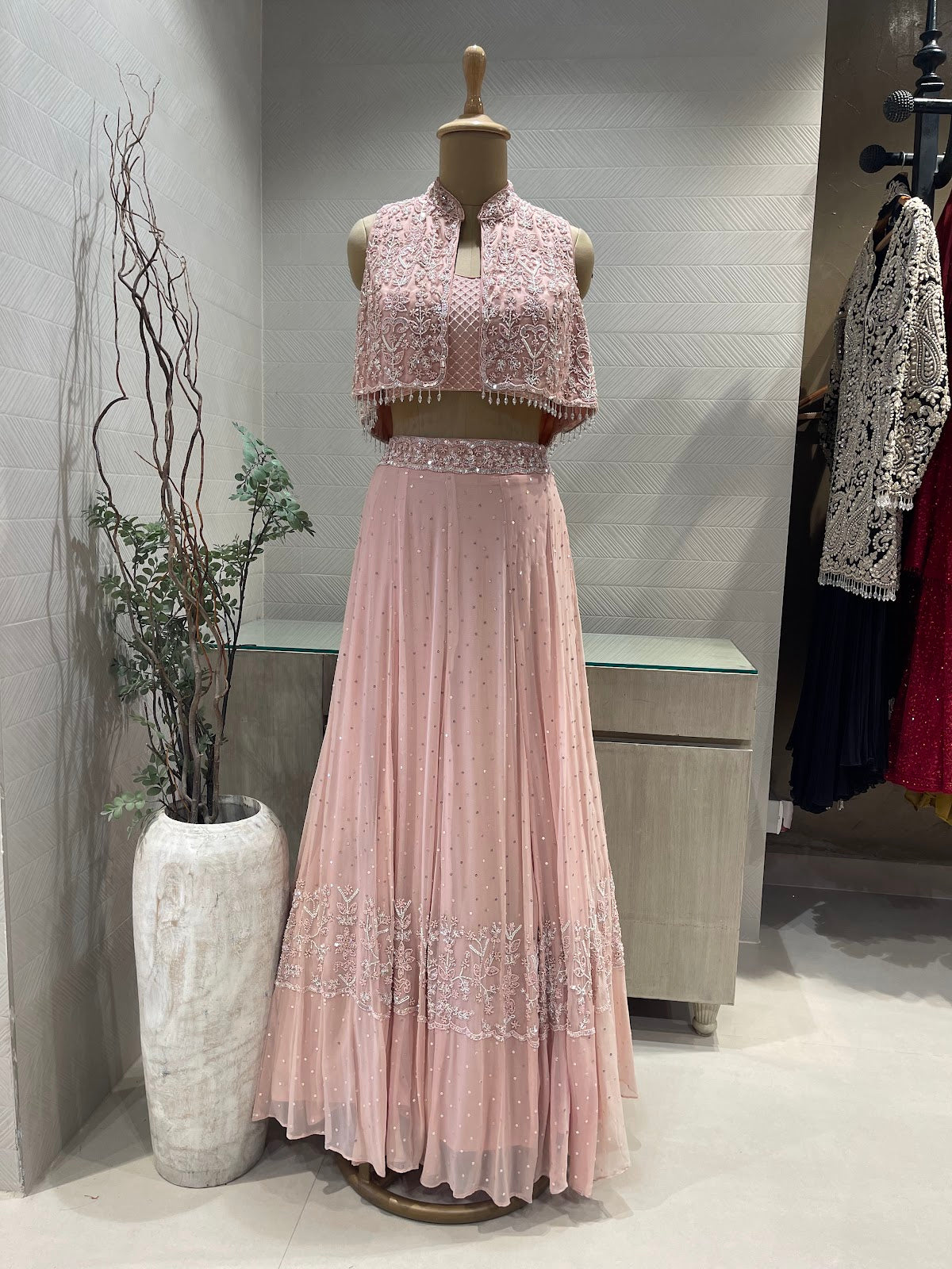 Pink pearl Crop Jacket Lehenga Set