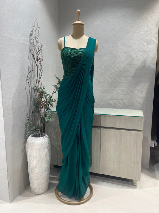 Emerald Green Pre Draped Saree for Bridesmaids