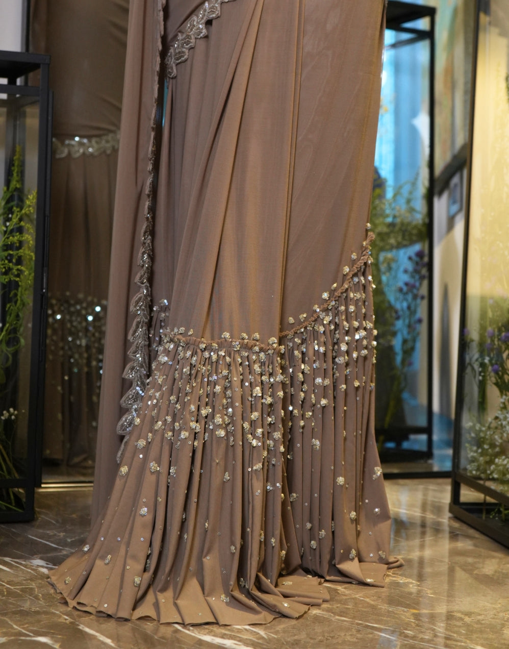 Taupe Leaf work Draped Saree - View 3