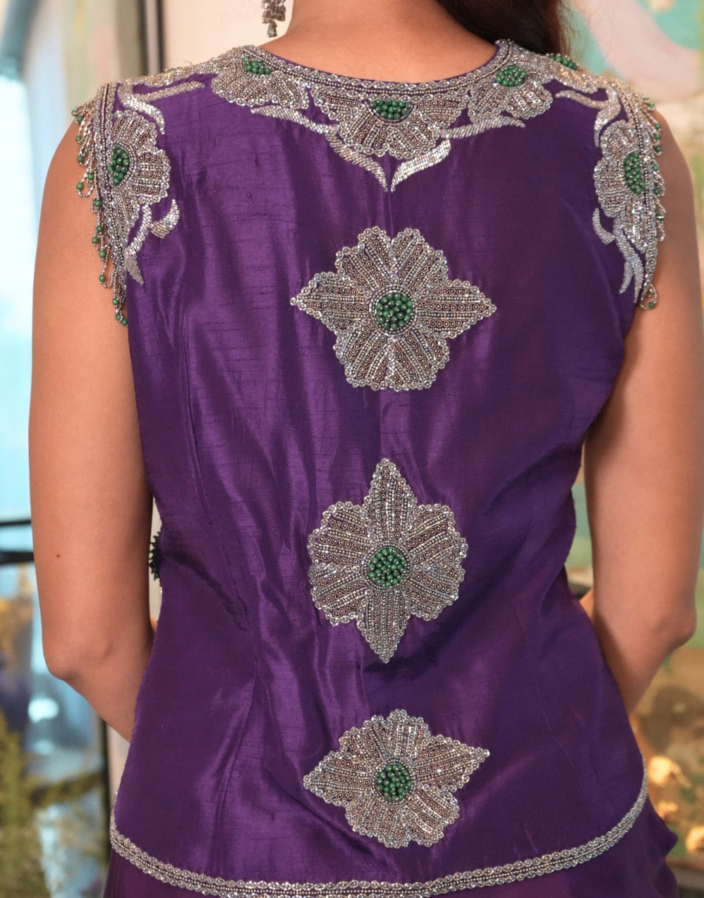 Deep Purple Antique Silver Waist Coat Skirt Set - View 2