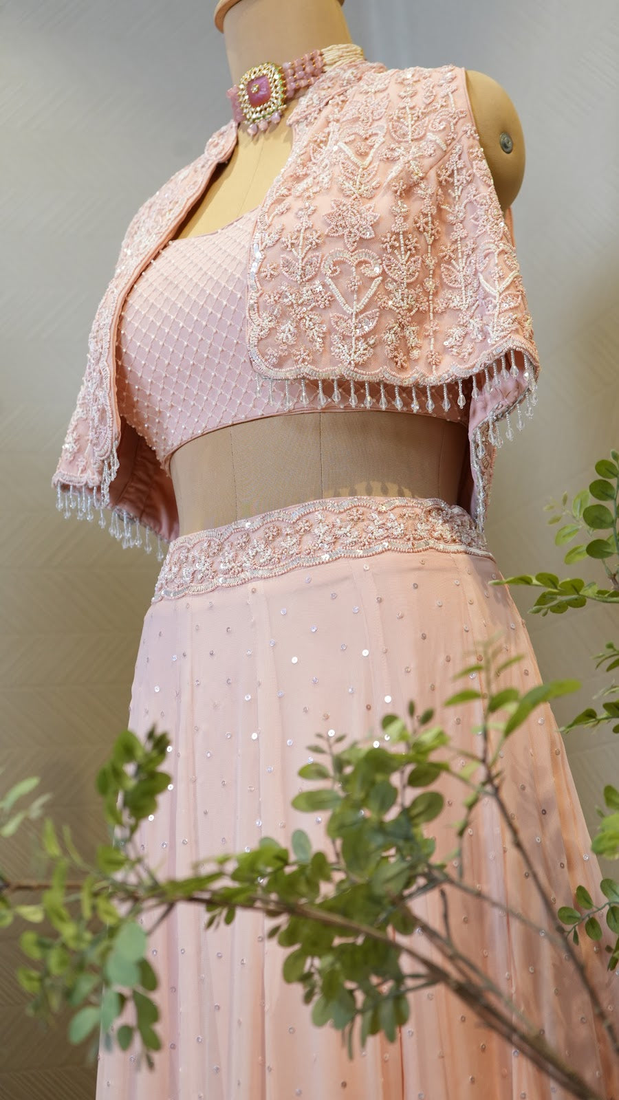 Pink pearl Crop Jacket Lehenga Set