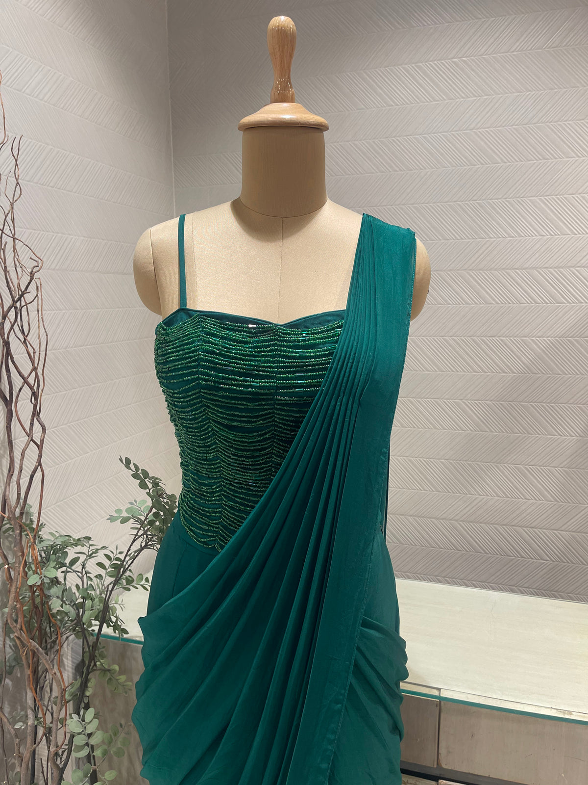 Bead Tassel Blouse Detail - Green Saree