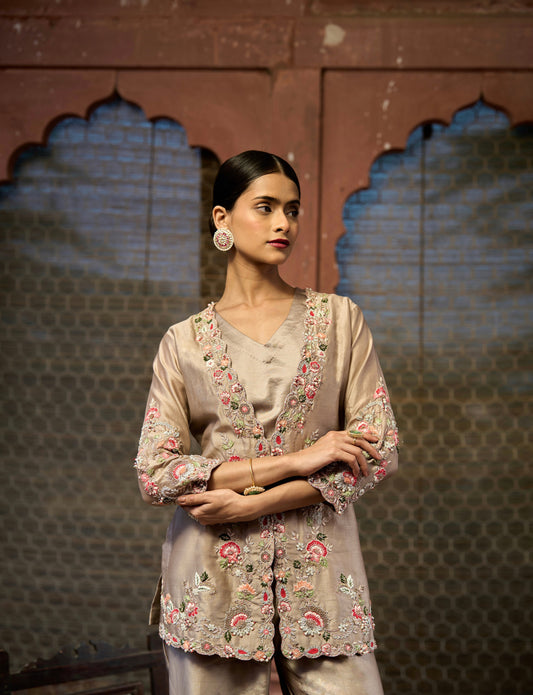 Light Coffee Silk Chanderi & Satin Lycra Hand Embroidered Co-Ord Set