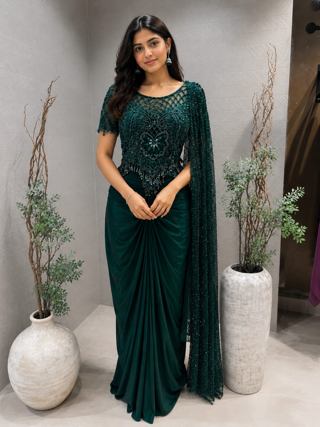 Emerald Green Drape Saree