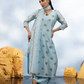 POWER BLUE WITH SEA GREEN FLOWERS STRAIGHT KURTA SET WITH DUPATTA