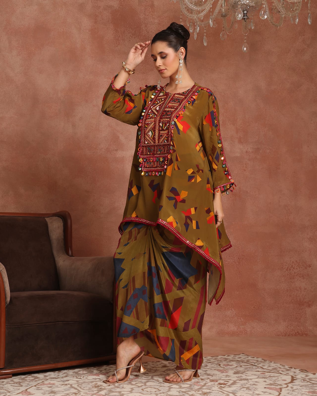 Olive Printed Kutch Skirt Set