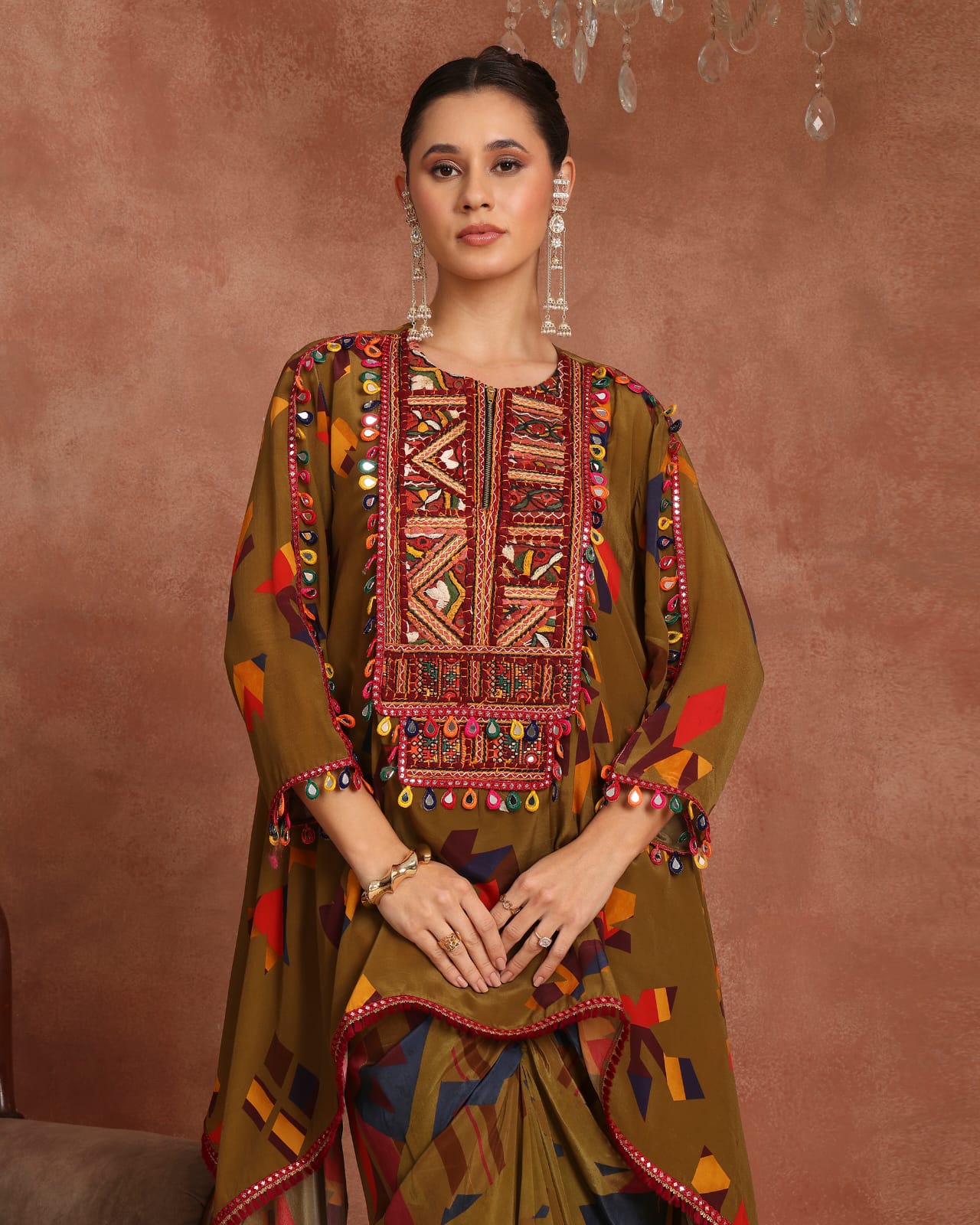 Olive Printed Kutch Skirt Set