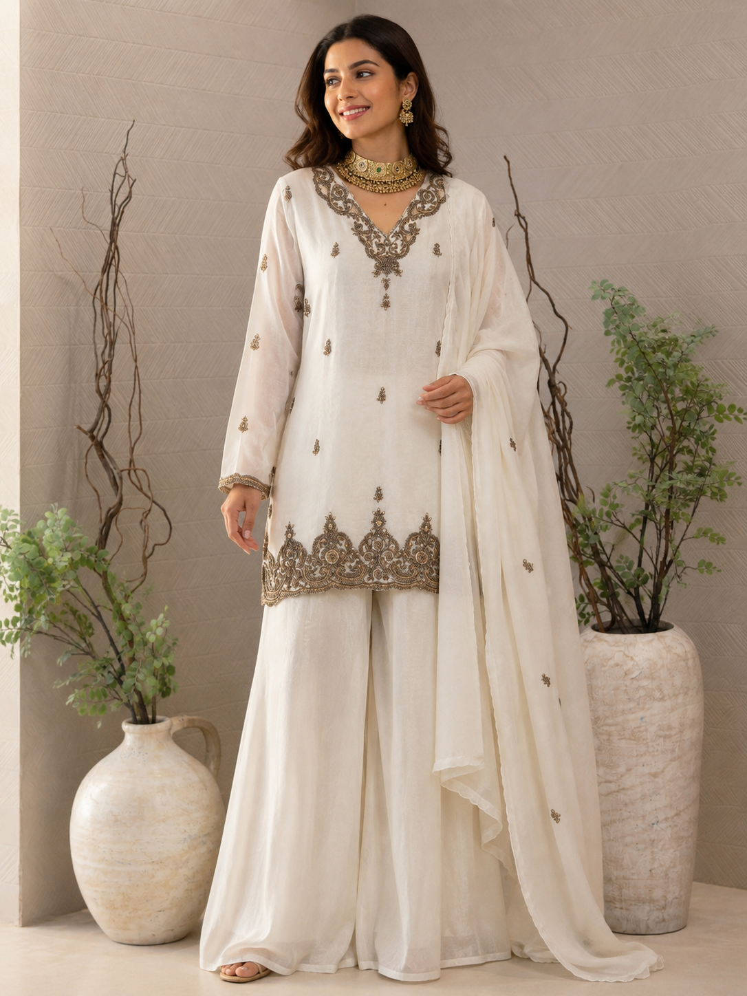 Ivory Tissue Dabka Sharara Set