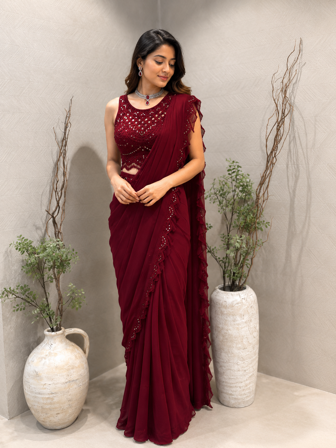 Ruby red pre draped saree