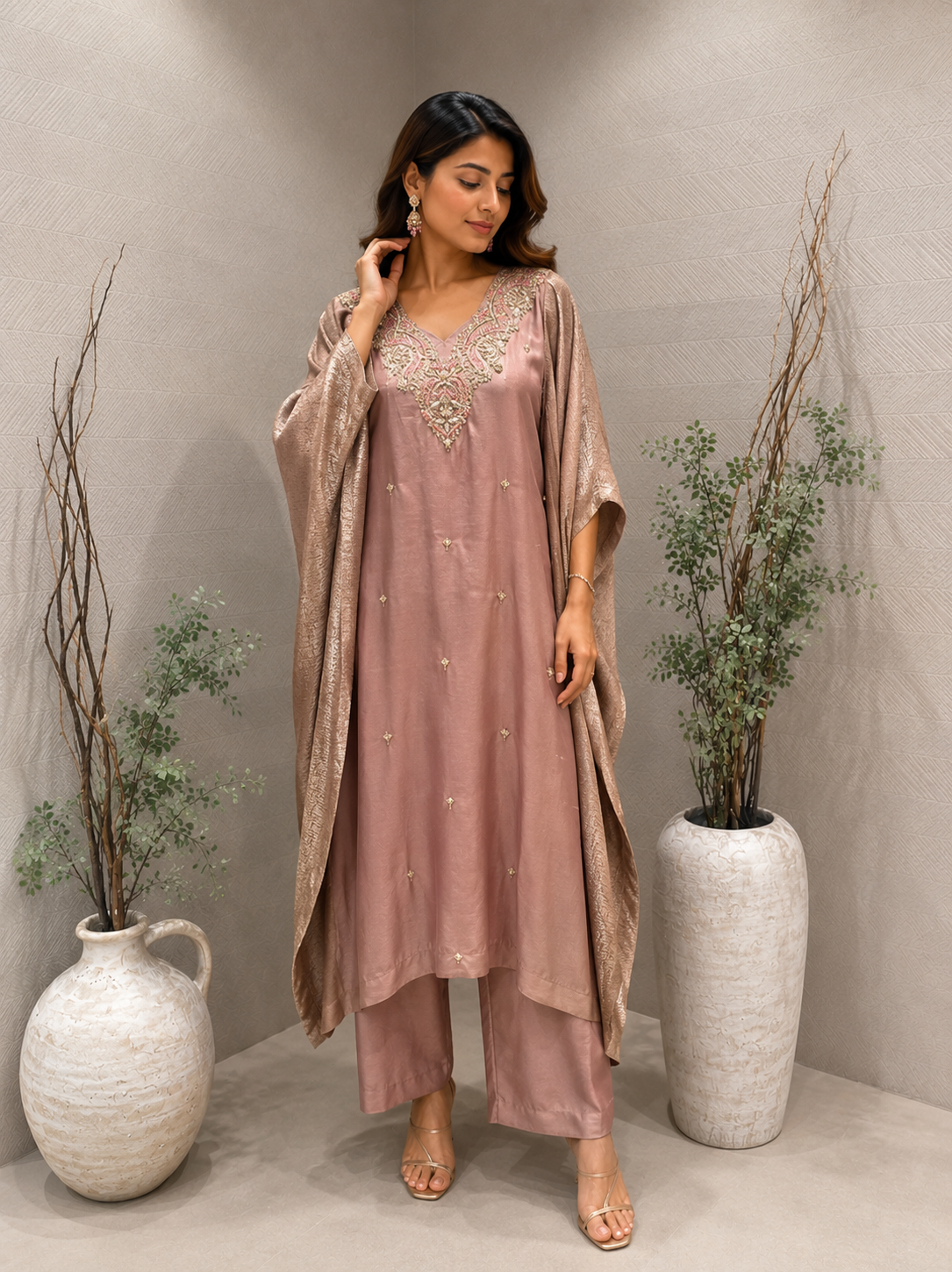 Taupe Banarsi Silk Kaftan Set