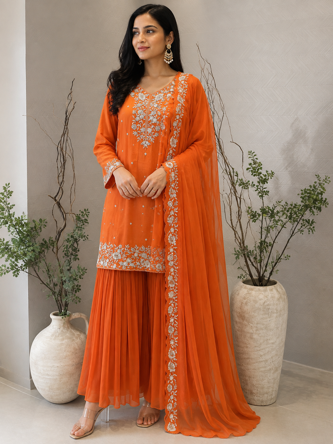 Orange Dabka Silk Sharara