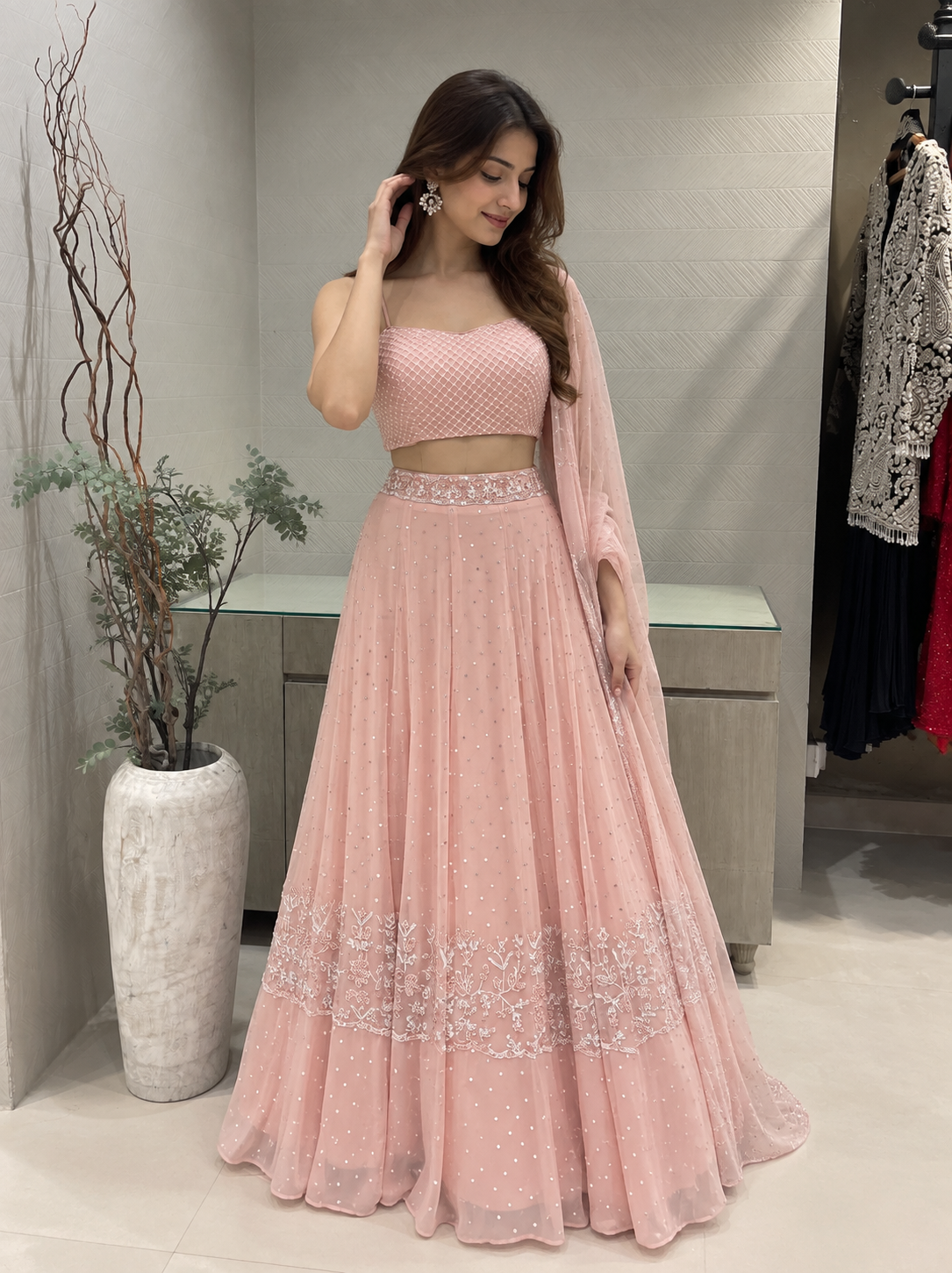 Pink pearl Crop Jacket Lehenga Set