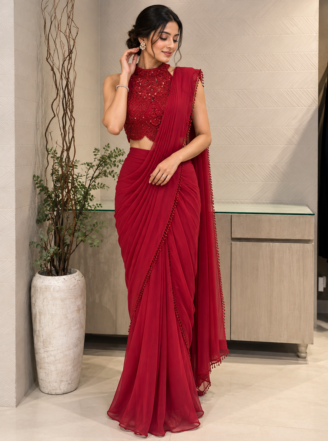 Scarlett Red beadwork Pre draped Saree