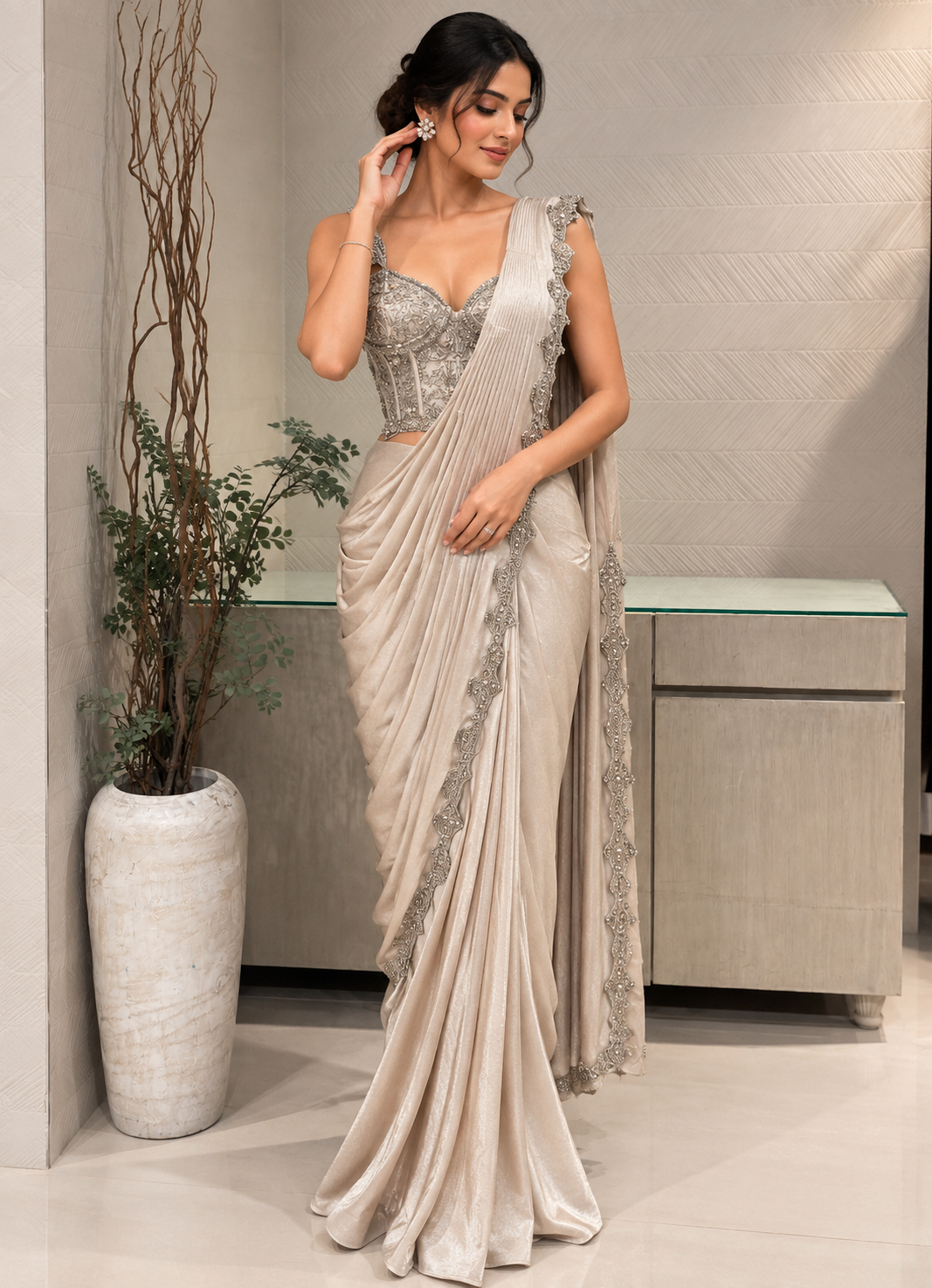 Champagne Gold Satin Draped Gown With Embellished Corset