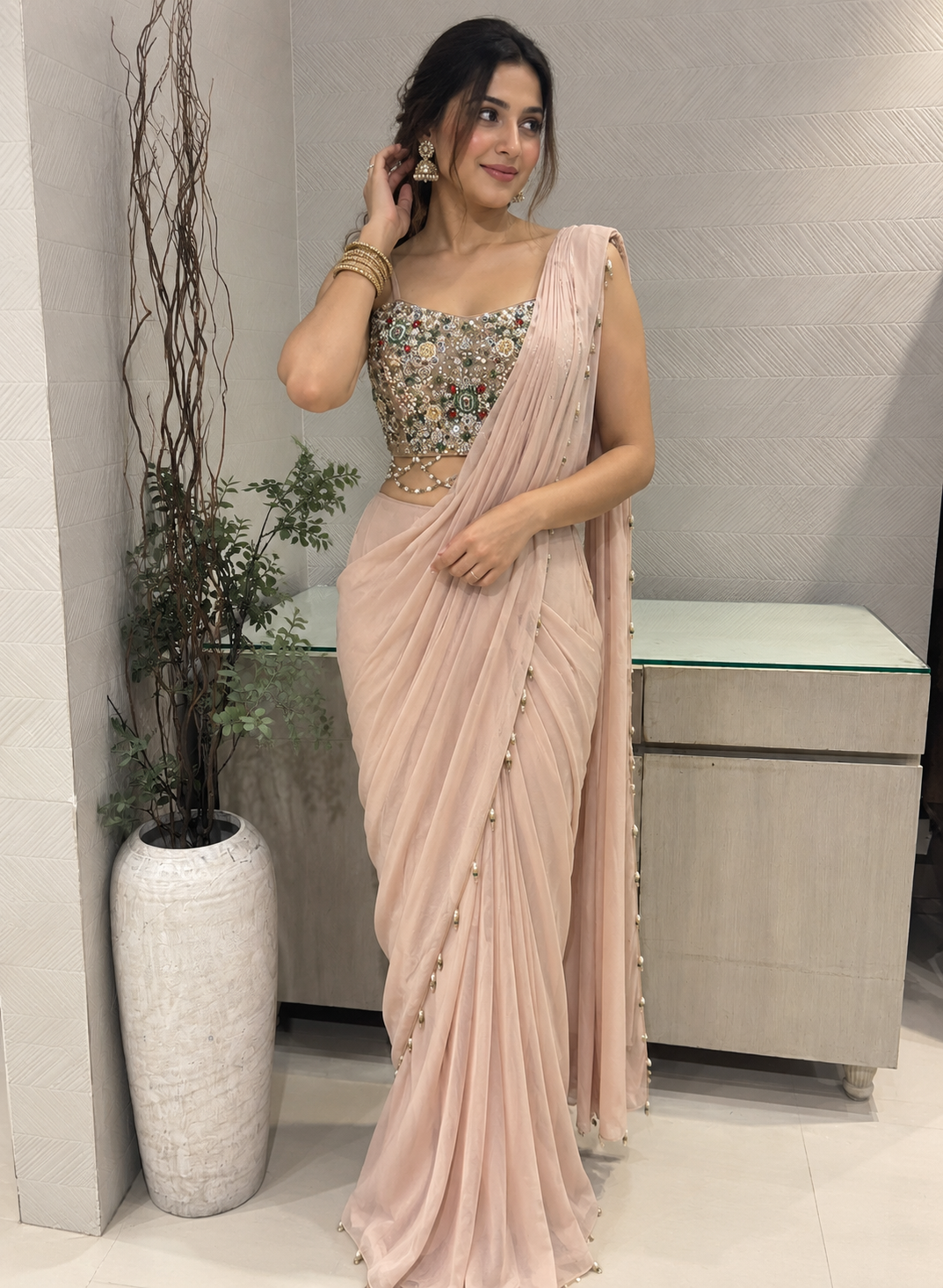 Dusty Pink Satin Organza Pre Draped Saree with Jewel Blouse