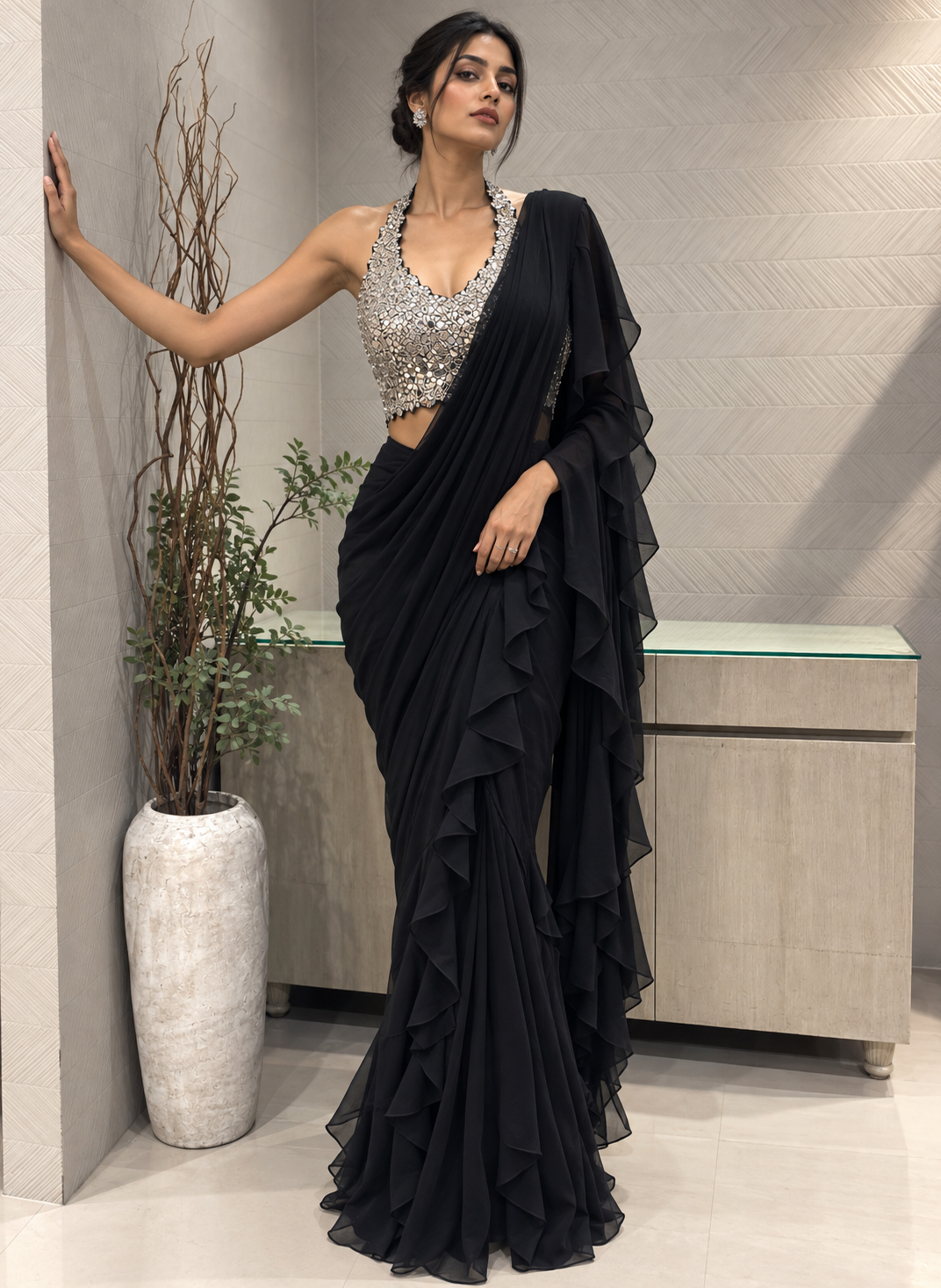 Black Mirrorwork Halter Saree