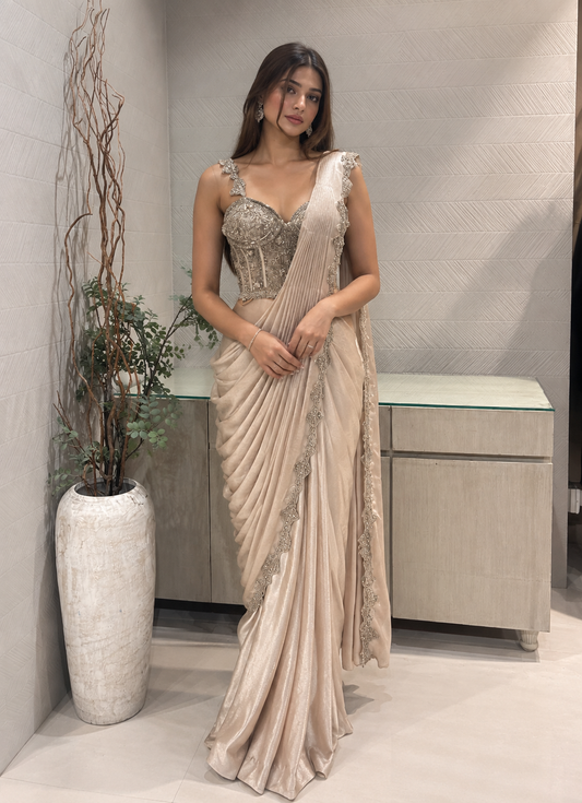 Champagne Gold Satin Draped Gown With Embellished Corset