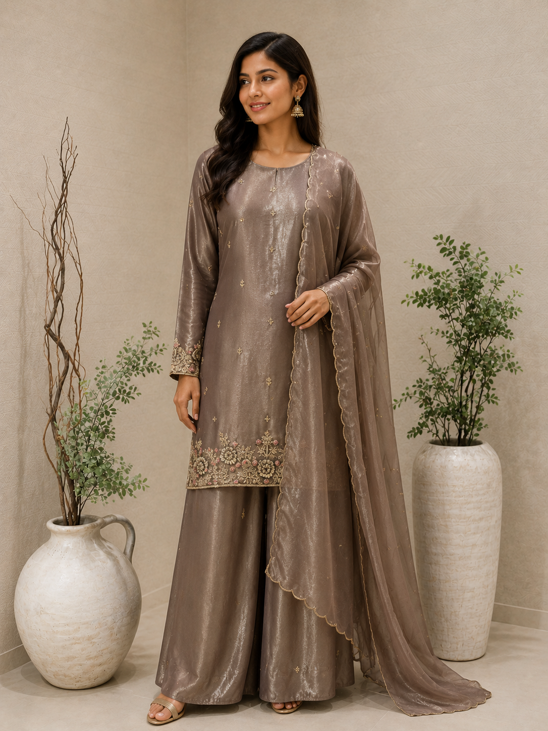 Dark Rose Gold Tissue Sharara Set