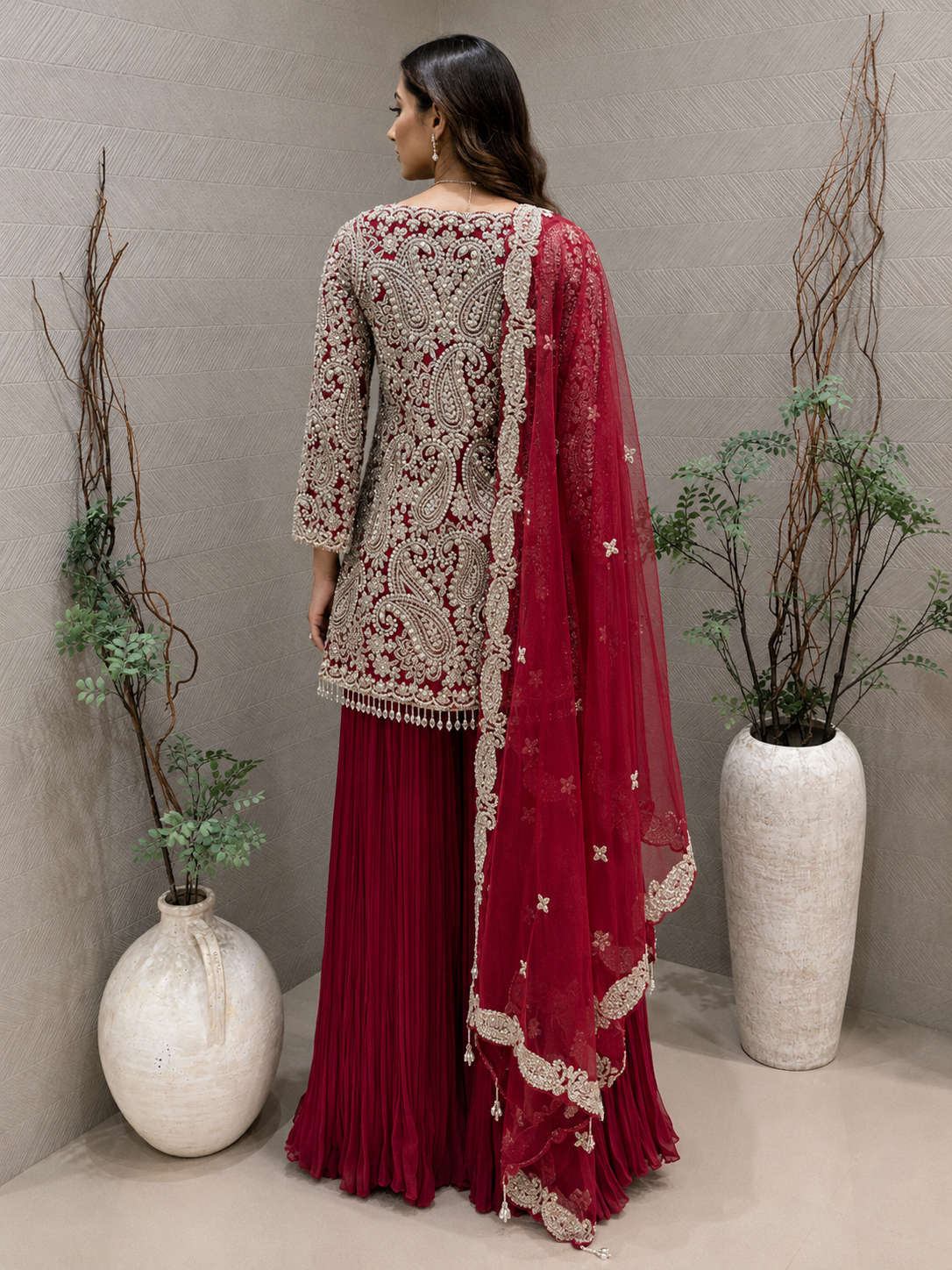 Ruby red pleated Sharara set