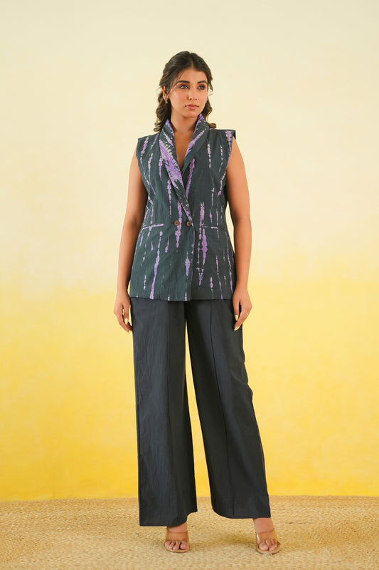 Long Waistcoat and Pants Co-Ord Set of two in Shibori (Black and Purple)