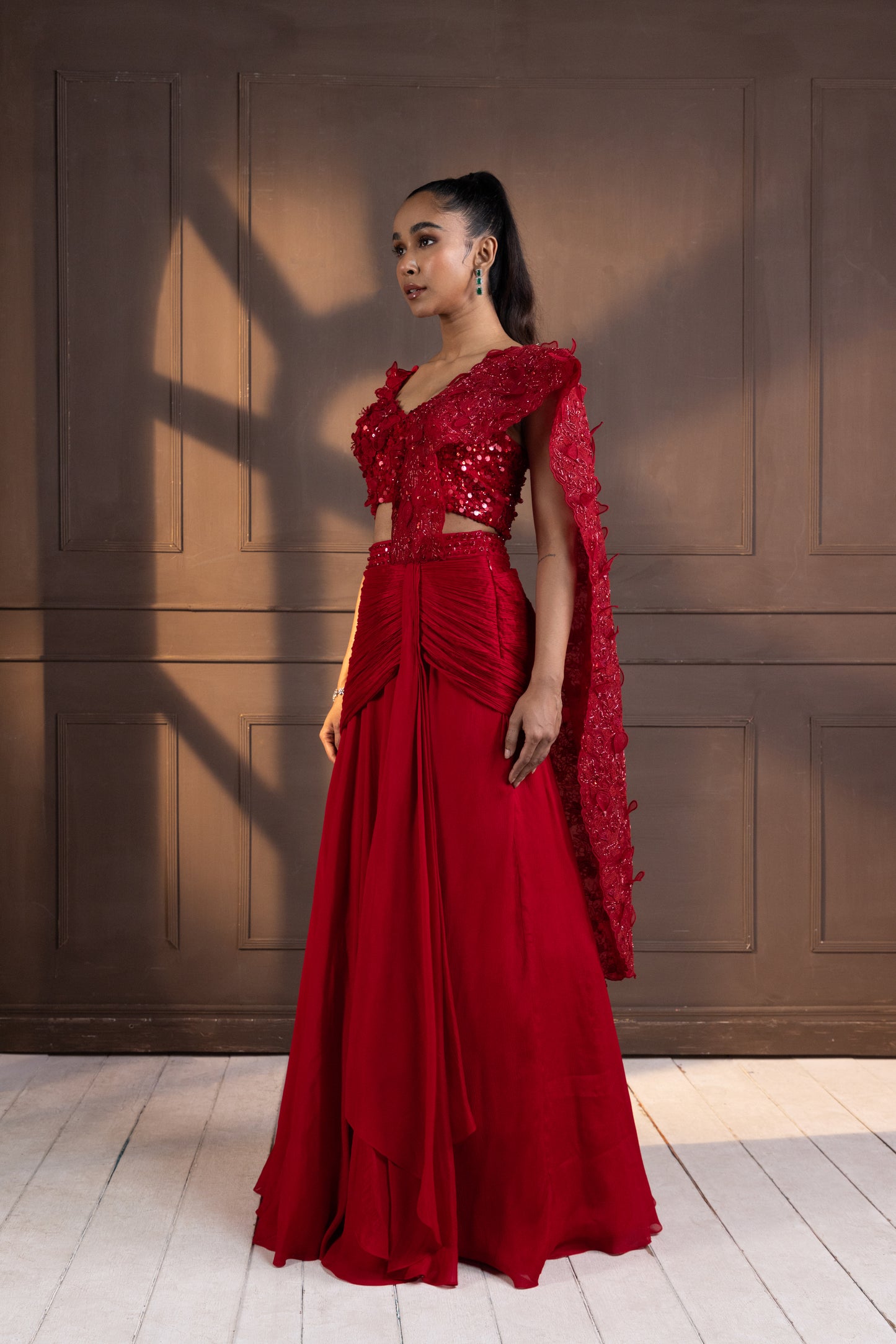 ROMANTIC RED EMBELLISED DRAPE SAREE