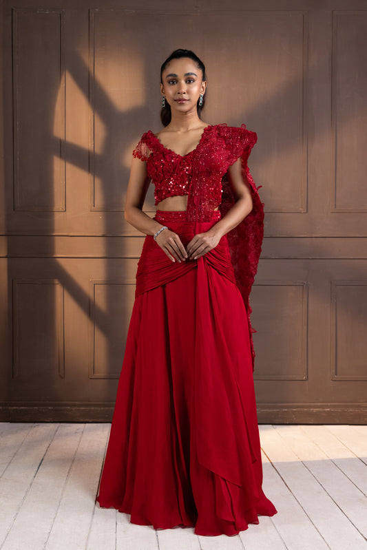 ROMANTIC RED EMBELLISED DRAPE SAREE