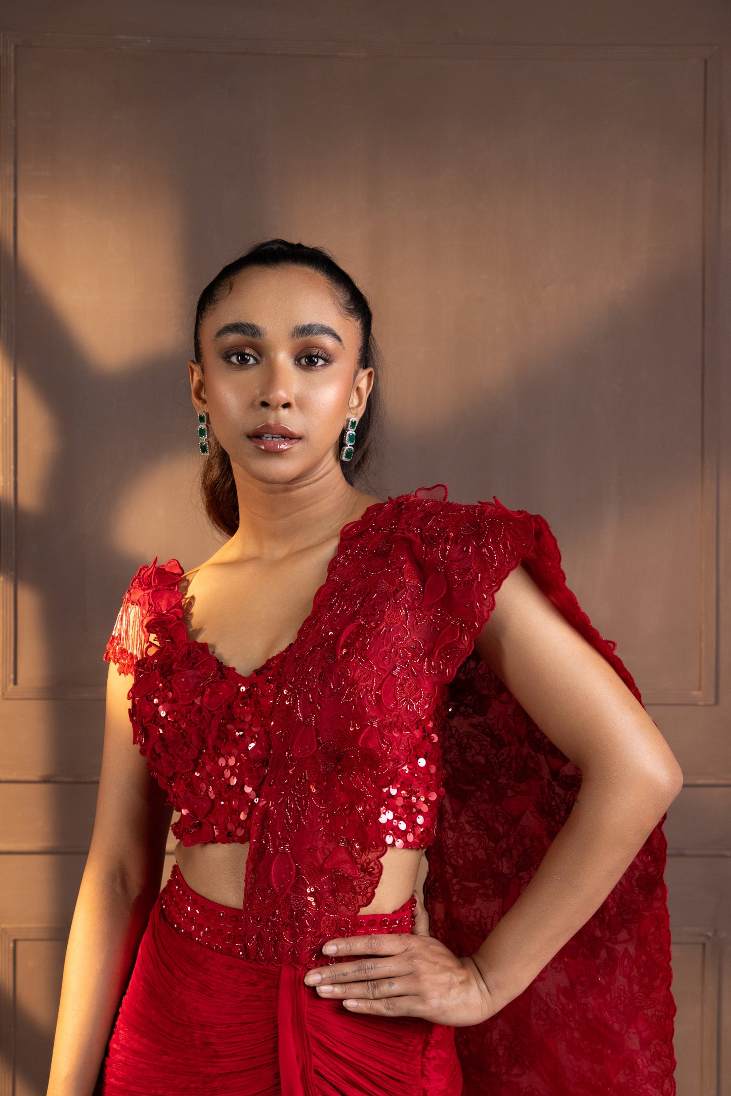ROMANTIC RED EMBELLISED DRAPE SAREE