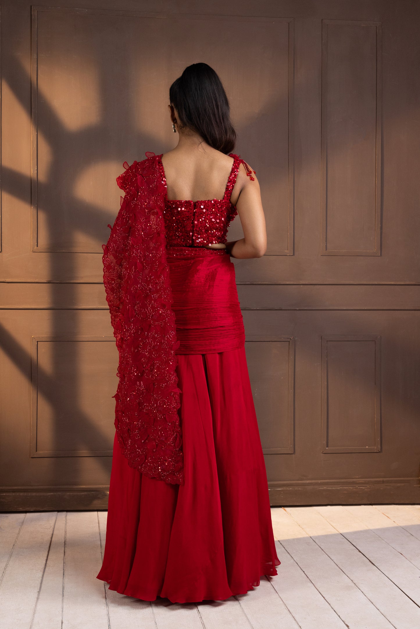 ROMANTIC RED EMBELLISED DRAPE SAREE