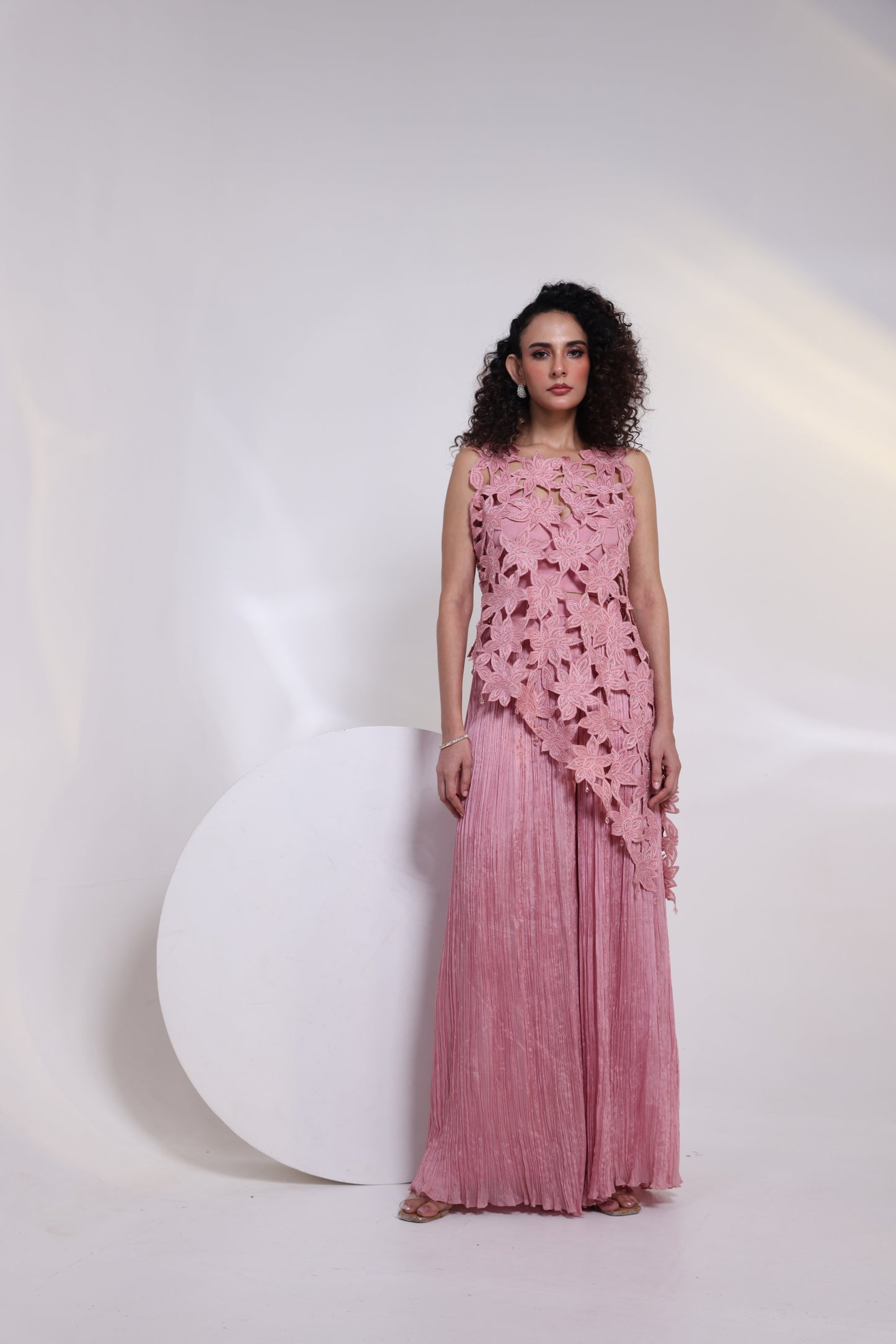 Pink Cutowrk Crushed Pants Set