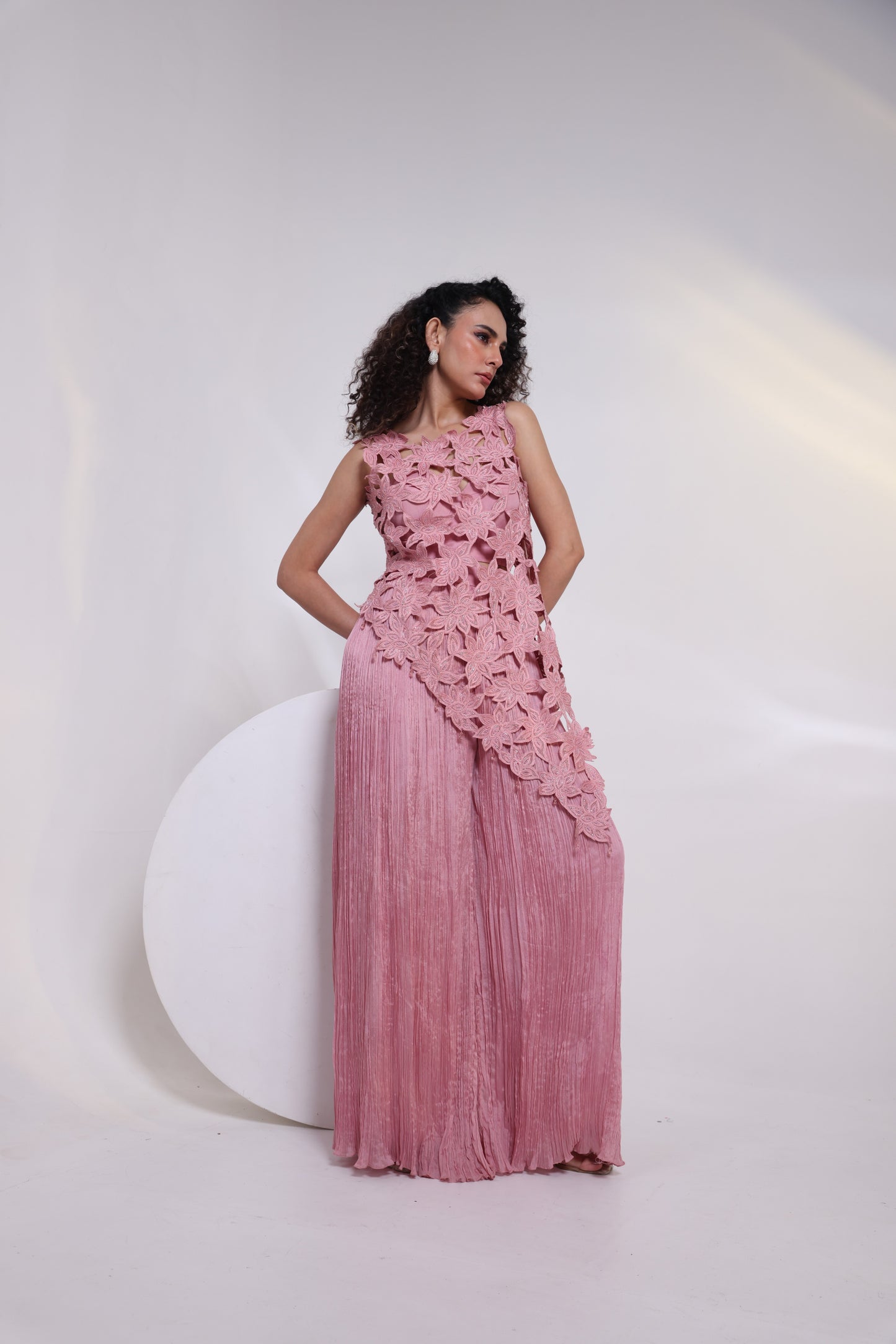 Pink Cutowrk Crushed Pants Set