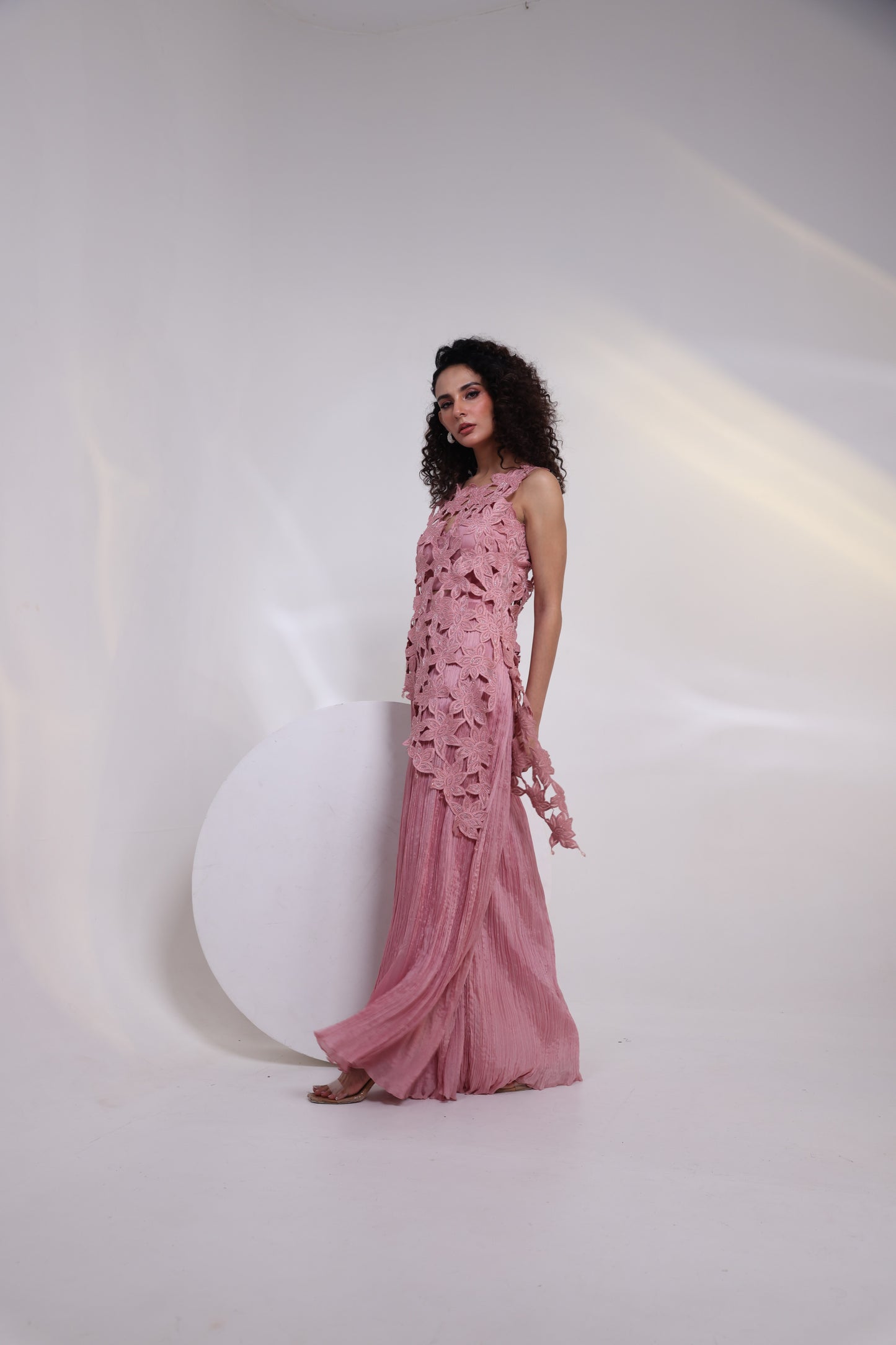 Pink Cutowrk Crushed Pants Set