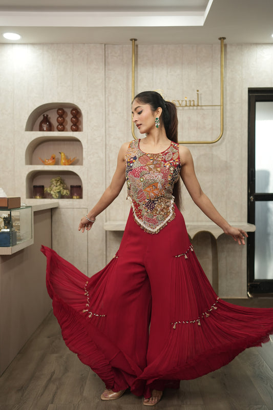 Red Multicolour Bohemian Corset with Red flared pants
