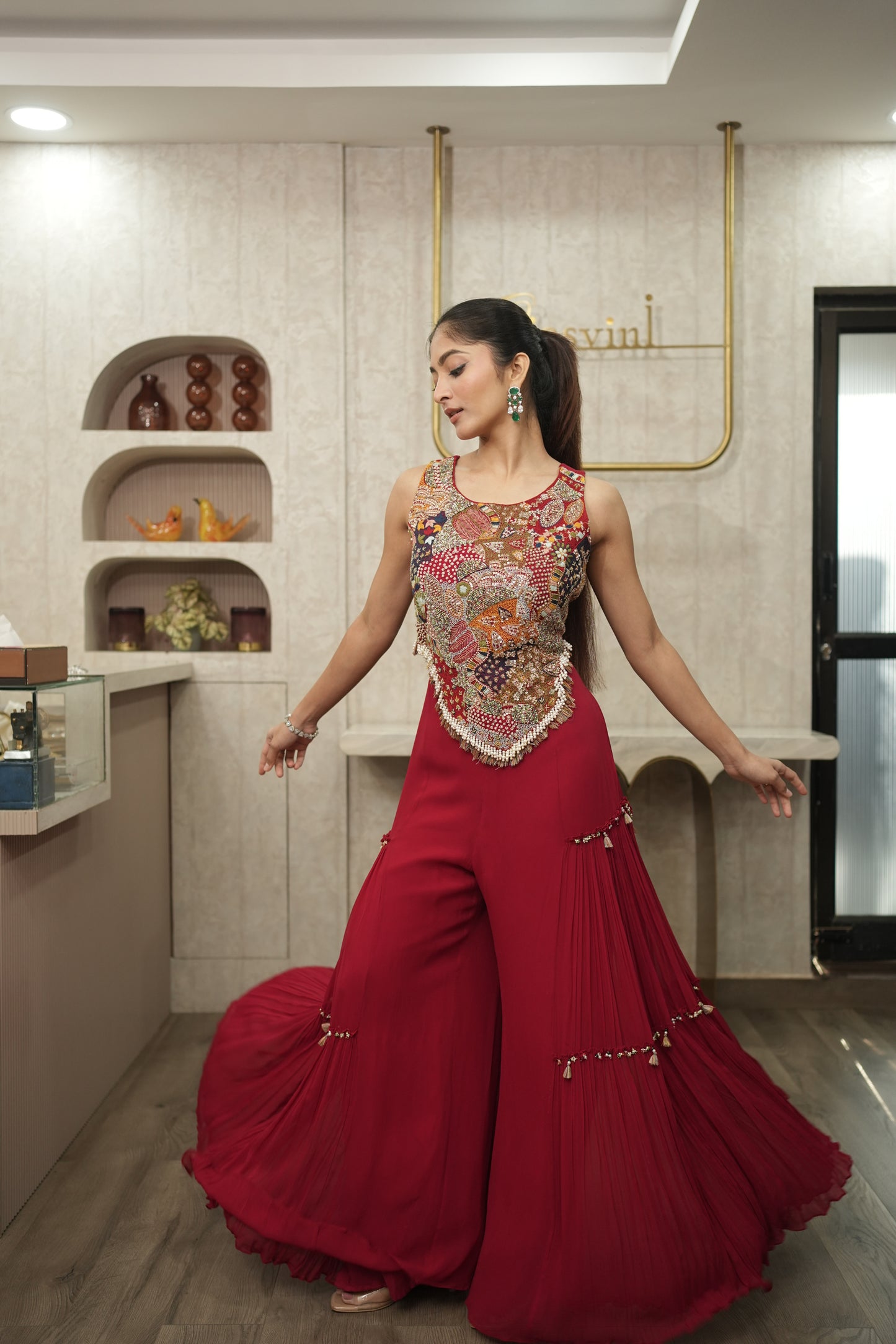 Red Multicolour Bohemian Corset with Red flared pants