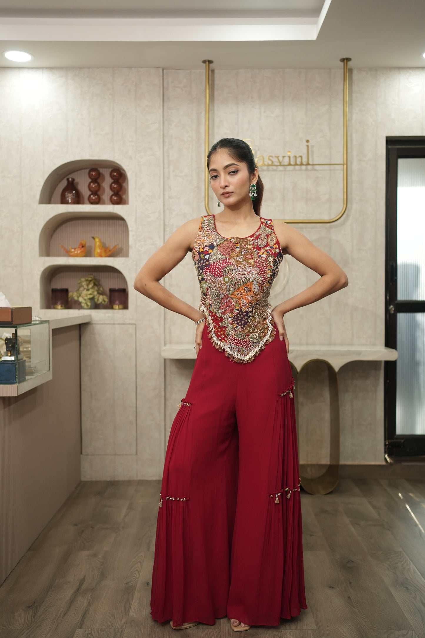Red Multicolour Bohemian Corset with Red flared pants