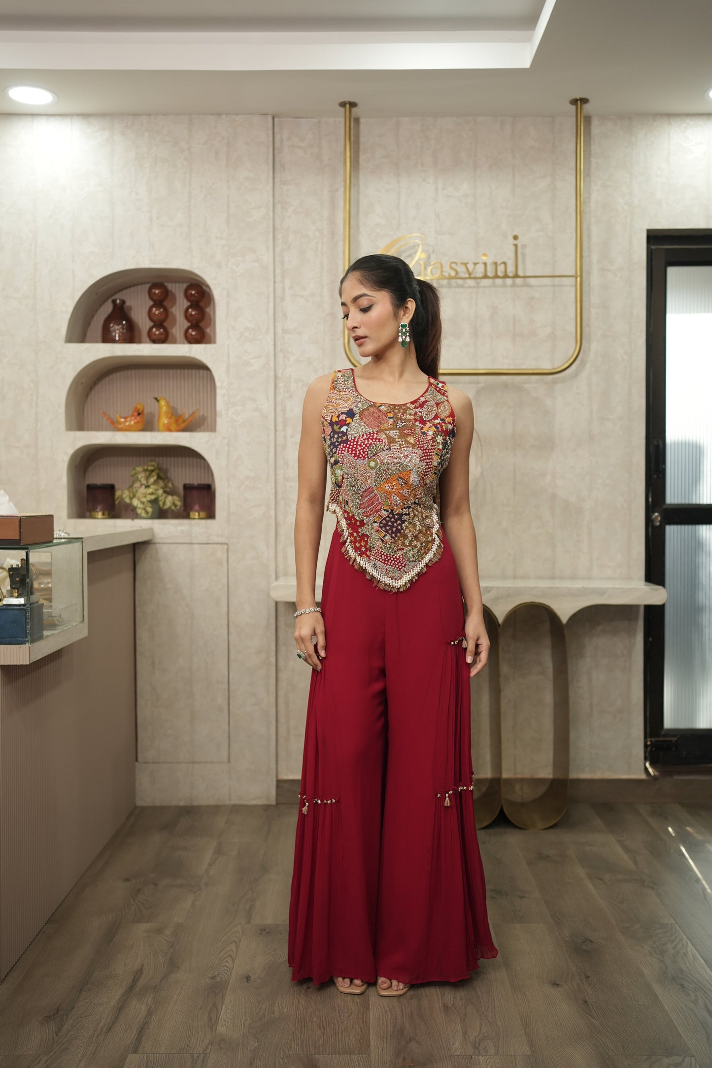 Red Multicolour Bohemian Corset with Red flared pants