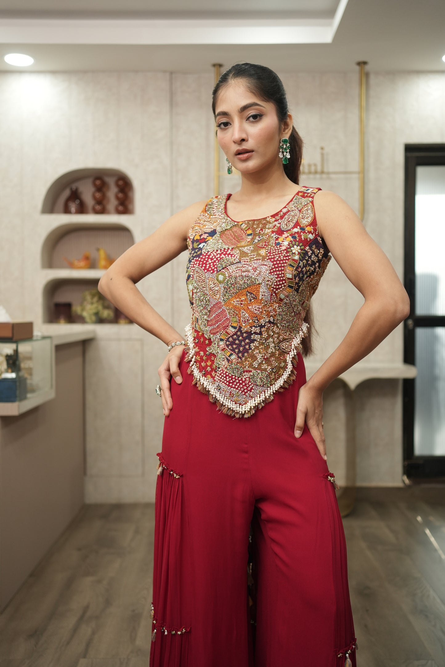 Red Multicolour Bohemian Corset with Red flared pants