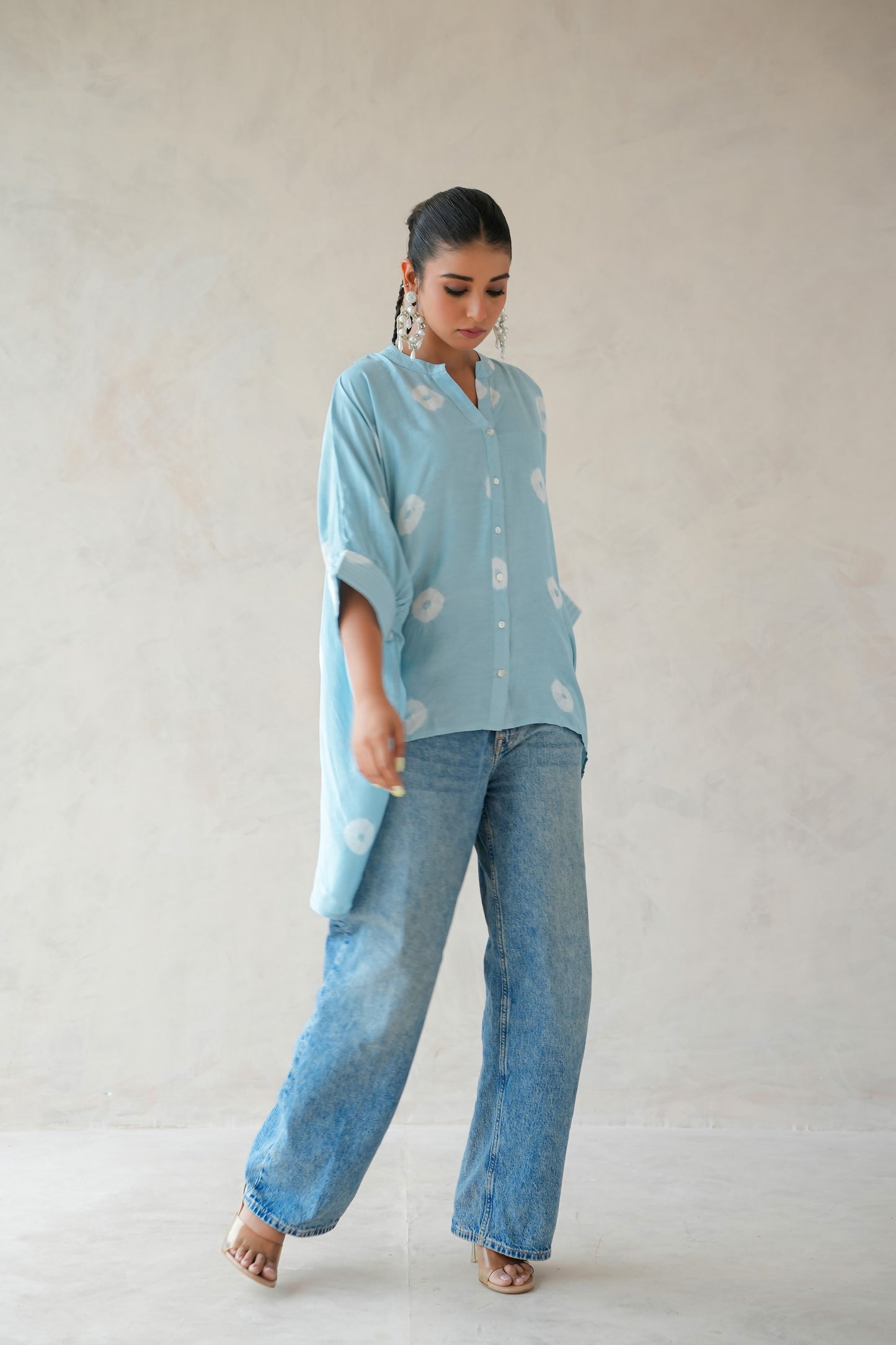 Bandhani Kaftan Shirt (Ice Blue)