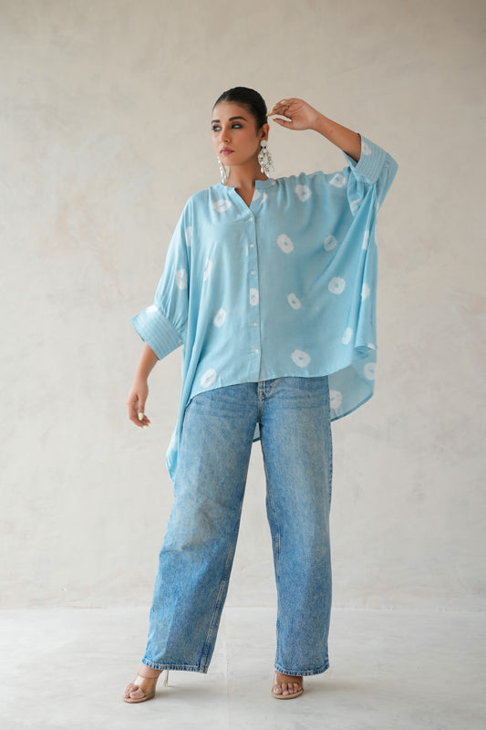 Bandhani Kaftan Shirt (Ice Blue)