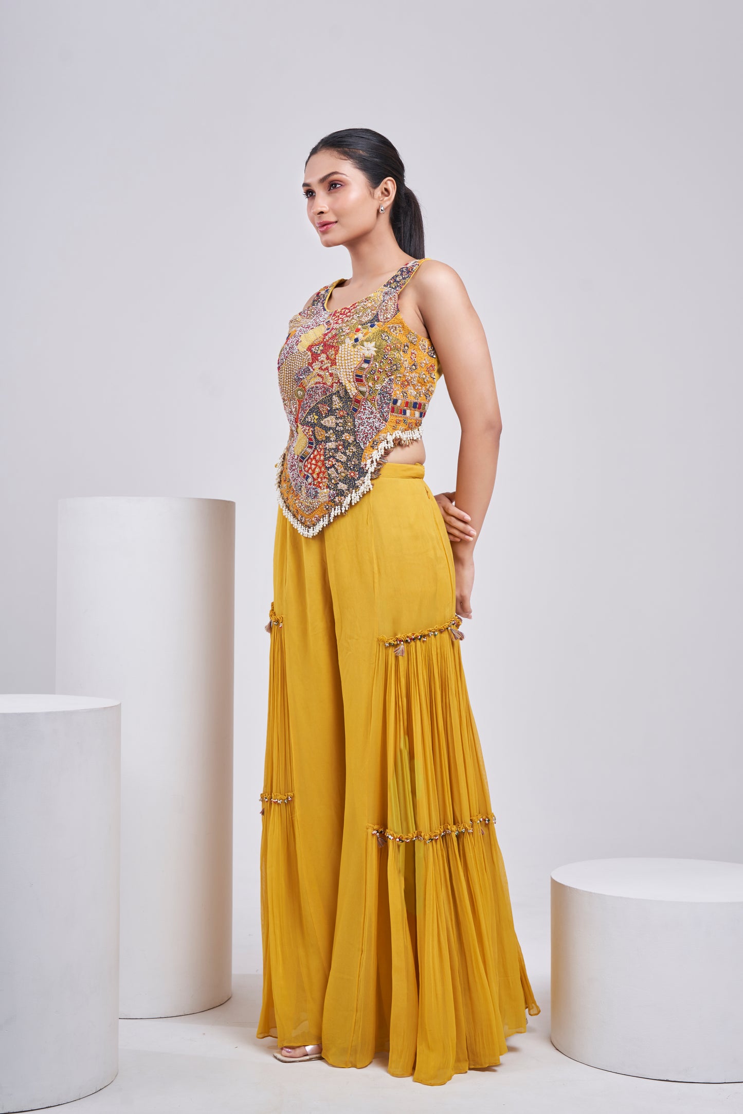 Multicolour Bohemian Corset with Mustard flared pants