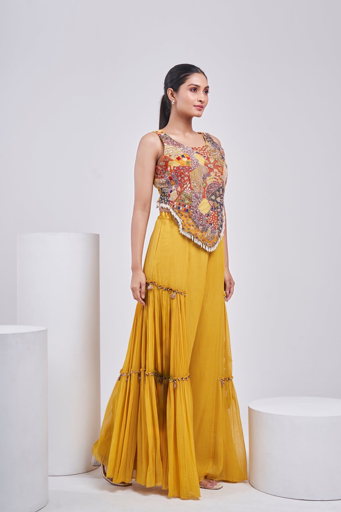 Multicolour Bohemian Corset with Mustard flared pants