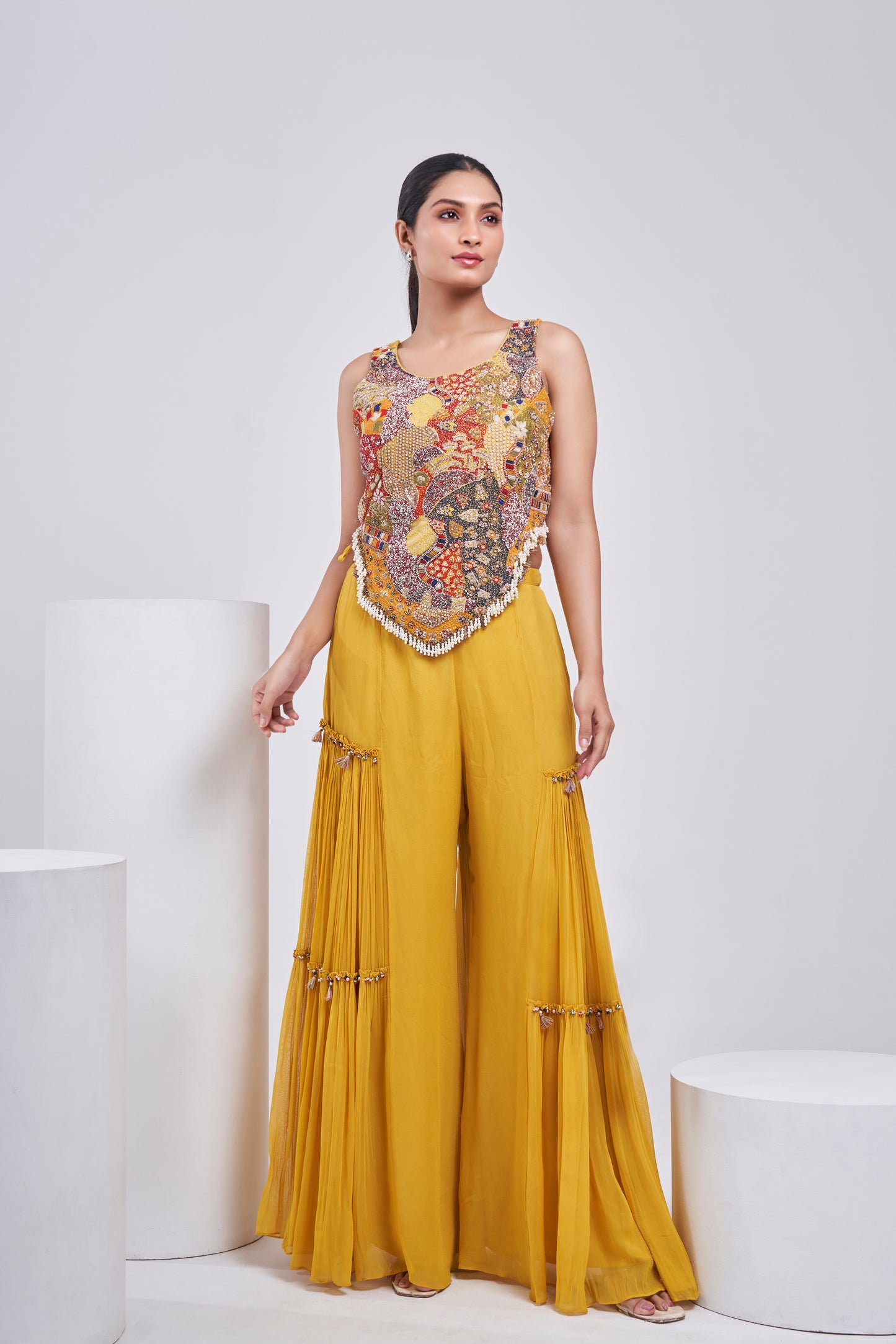 Multicolour Bohemian Corset with Mustard flared pants