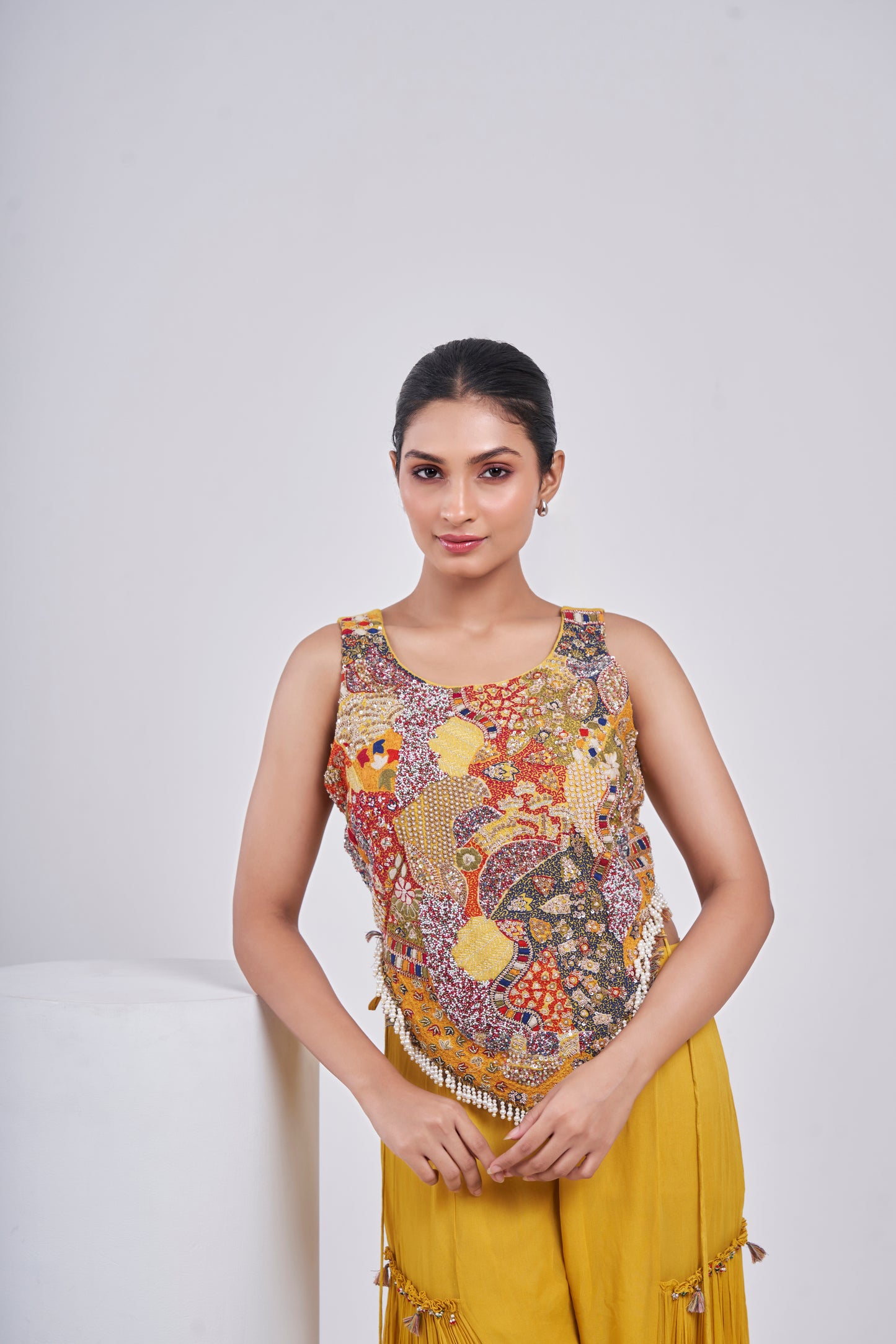Multicolour Bohemian Corset with Mustard flared pants