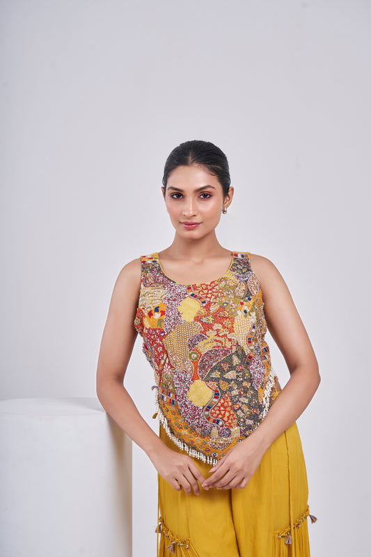 Multicolour Bohemian Corset with Mustard flared pants